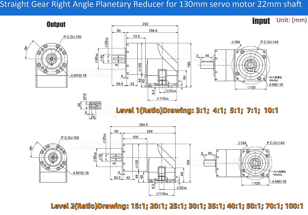 PVE120シリーズ 90度直角遊星ギアボックス ギア比3:1 - 100:1 110mm/130mmサーボモーター 19/22/24mm入力に適合